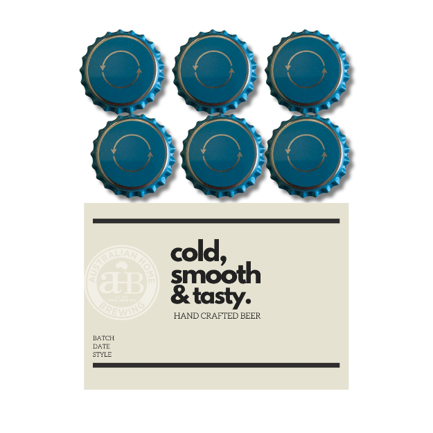 Lagoon Blue Bottle Cap & Custom Label Combo – 250 Caps + 30 Labels - brewery print — homebrew bottles and capping equipment
